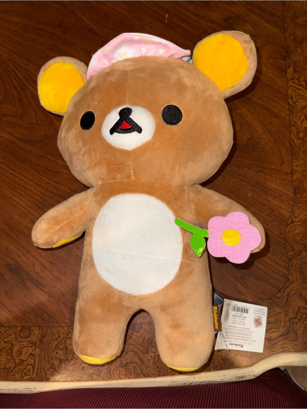 Rilakkuma Brown Plush Bear with Pink Flower Accessory - Kids Toy